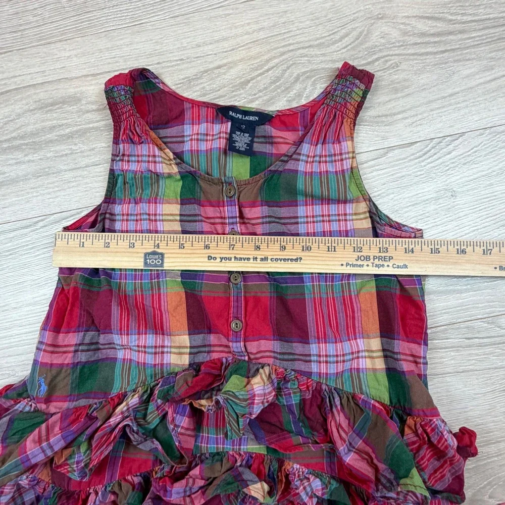 Ralph Lauren‎ Kids Plaid Ruffle Tank Top Dress Size 12 Red Green Cotton Madras